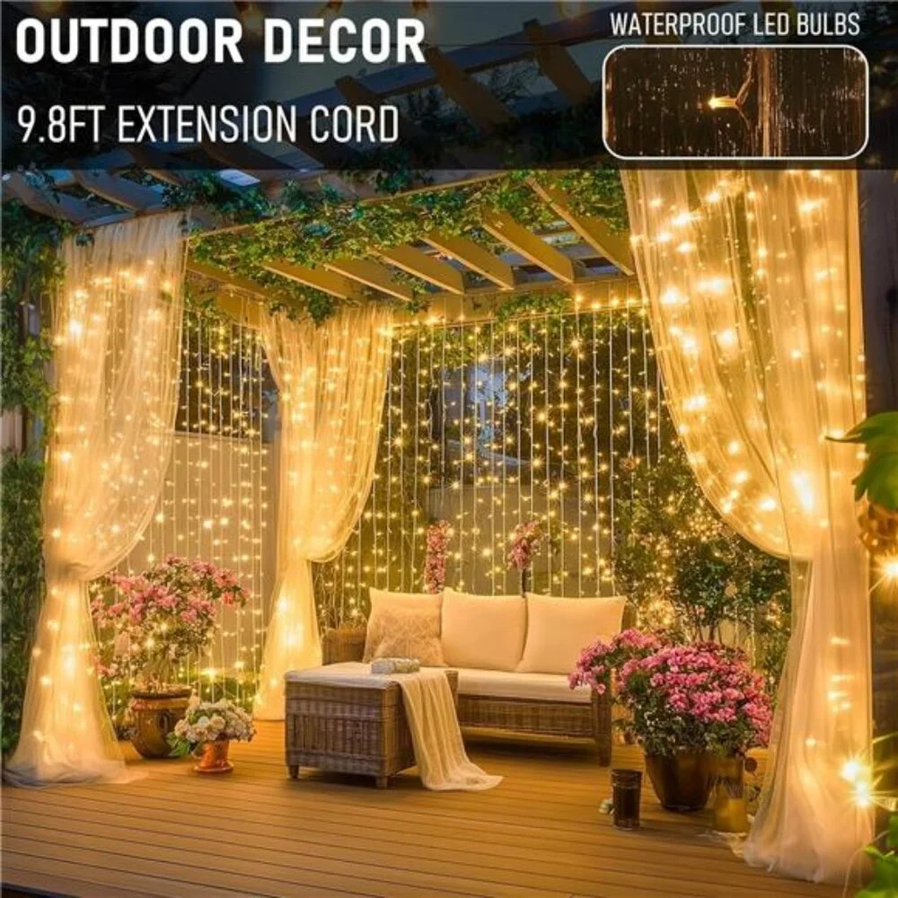 300 LED Curtain Fairy Lights Warm White String Hanging Window Wall Christmas